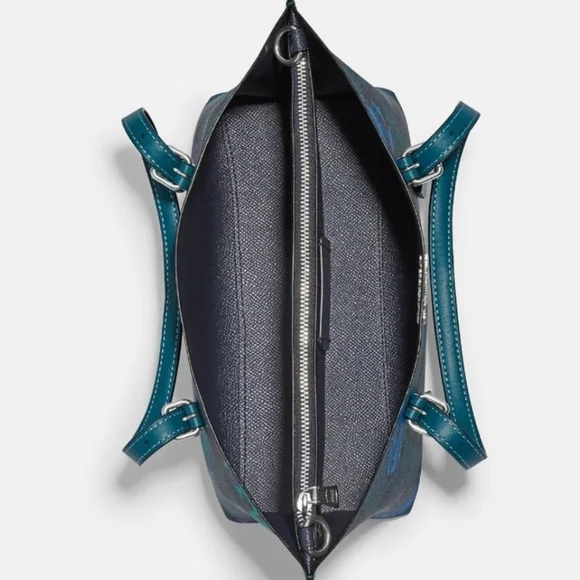 Coach Mollie Tote Large Teal Blue Floral Satchel Cf328 Rare - Picture 4 of 6